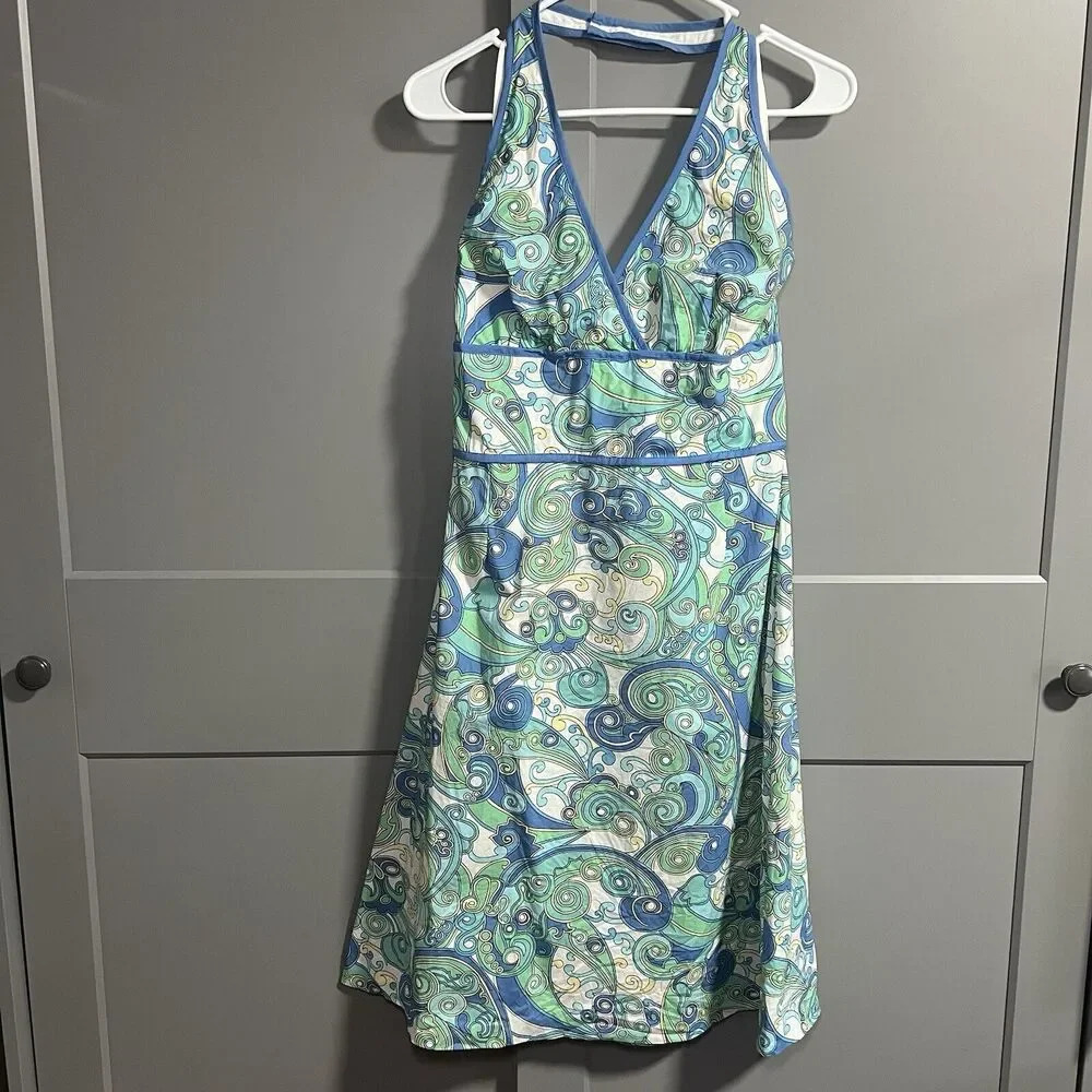 New York & Company Halter Sun Dress V Neck Y2K Beachy Vacation Blue Size 8